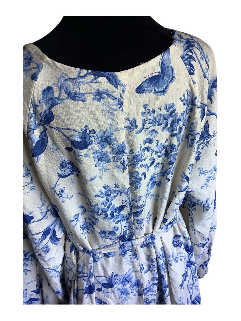 H&M Ivory White Blue Floral Butterfly Maxi Kaftan Dress Size M - Picture 6 of 9